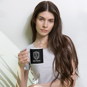 White Glossy Mug Dark - Safe Haven Brandmark